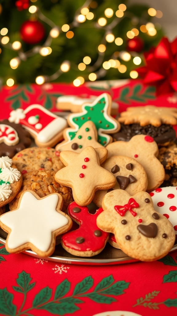 A colorful assortment of Christmas cookies on a festive platter, perfect for holiday celebrations.